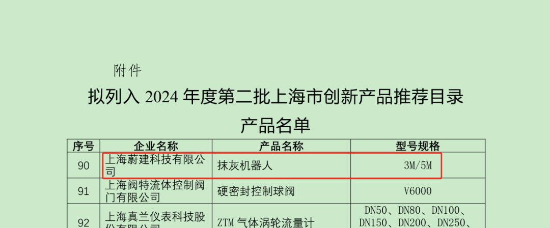 蔚建抹灰機器人入選《上海市創新產品推薦目錄》